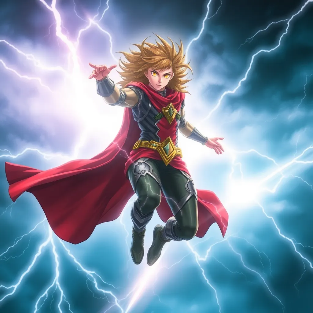 A superhero with blonde hair, flying through the air with lightning bolts.