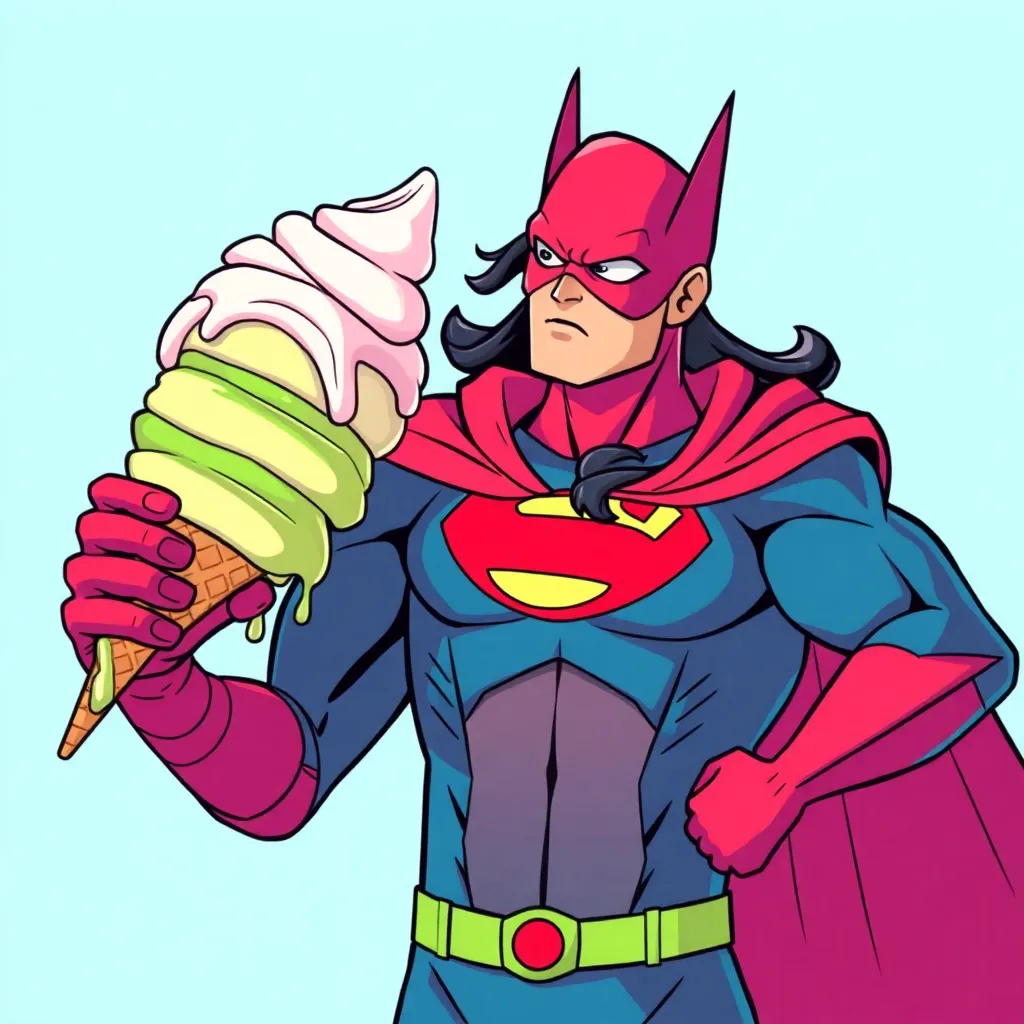 Superman is holding a large ice cream cone.