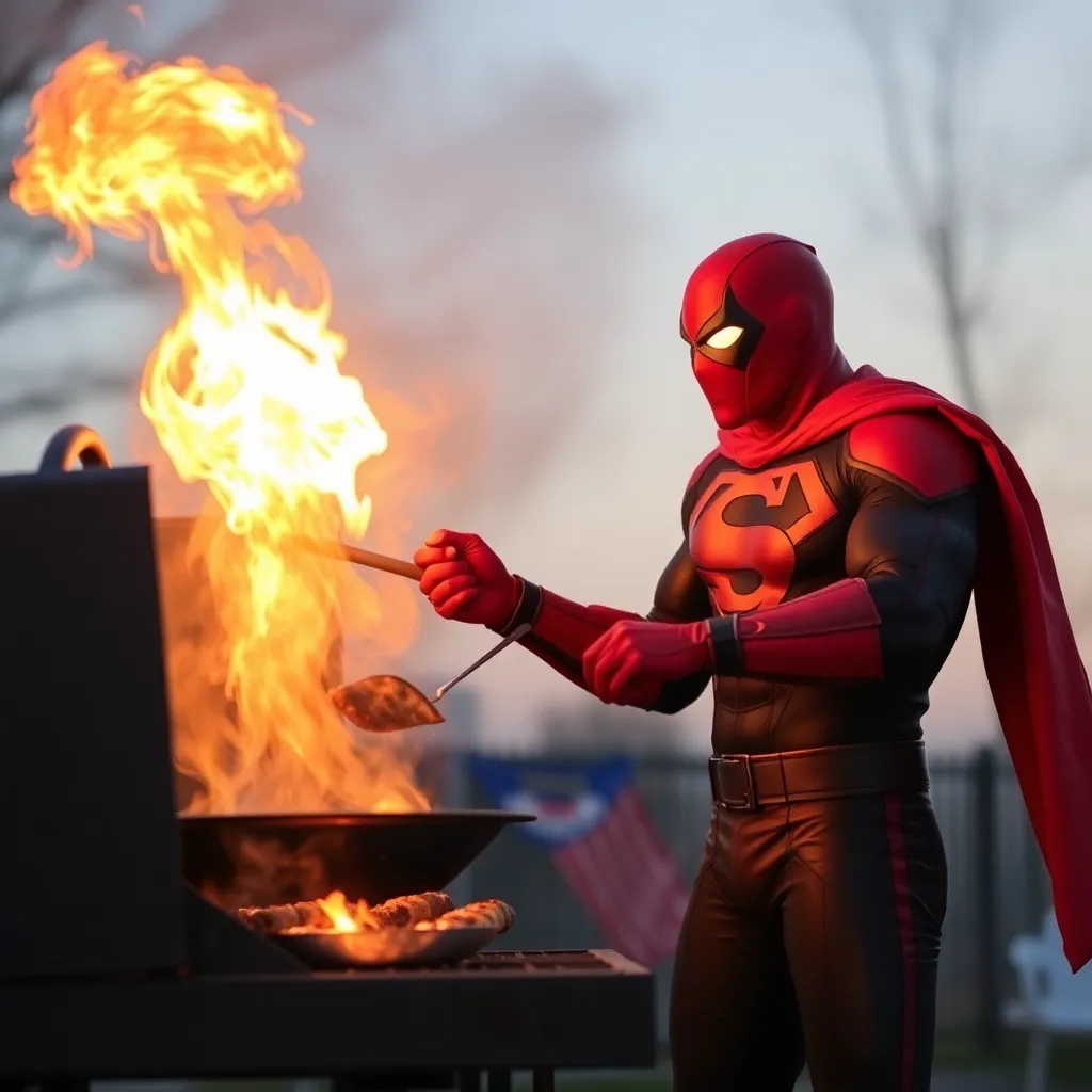 A superhero wearing a red costume is grilling food over a fire.