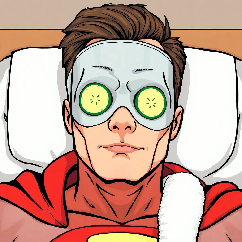 Superman is relaxing on a spa bed with cucumber eye patches.