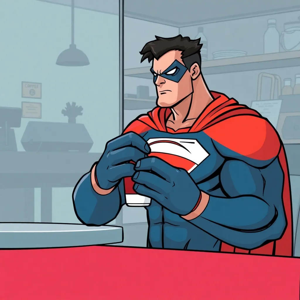 Superman is sitting at a table with his face in his hands.