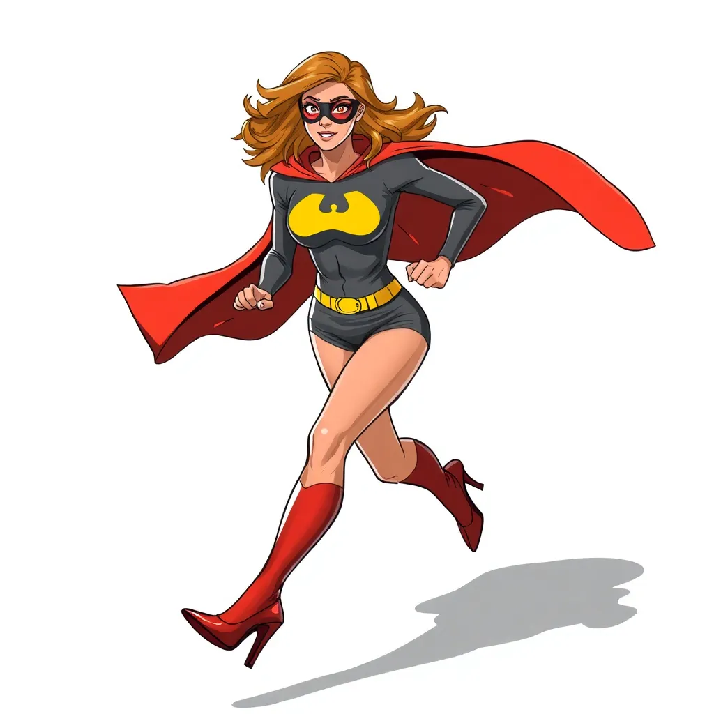 A female superhero with blonde hair, a black mask, and a red cape is running towards the right. She is wearing a black and yellow costume and high heels.