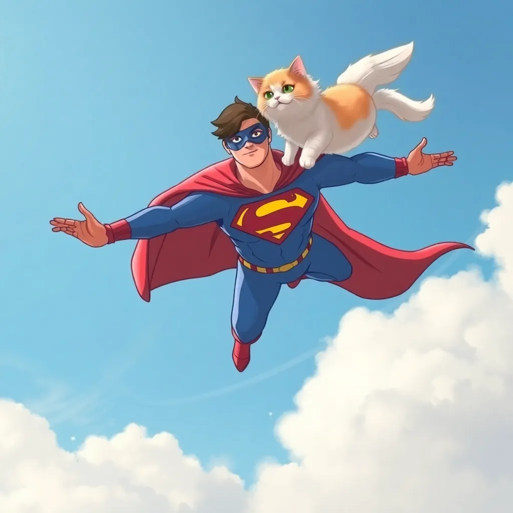 Superman is flying through the sky with a cat perched on his shoulder. They are both looking towards the viewer.