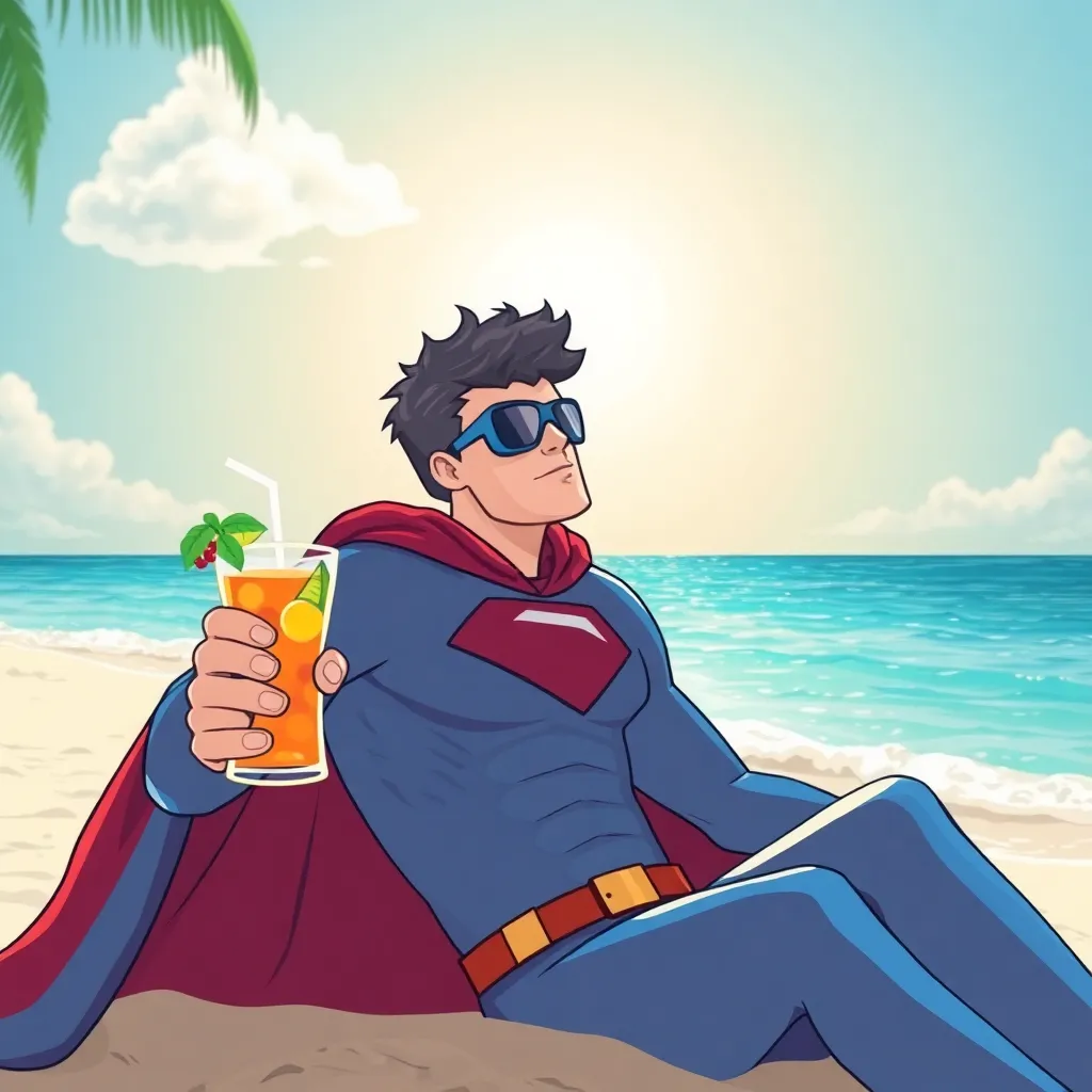 Superman is relaxing on a beach with a drink in his hand. He is wearing sunglasses and a suit.