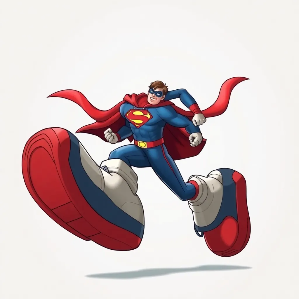 Superman is jumping with his arms and legs outstretched.