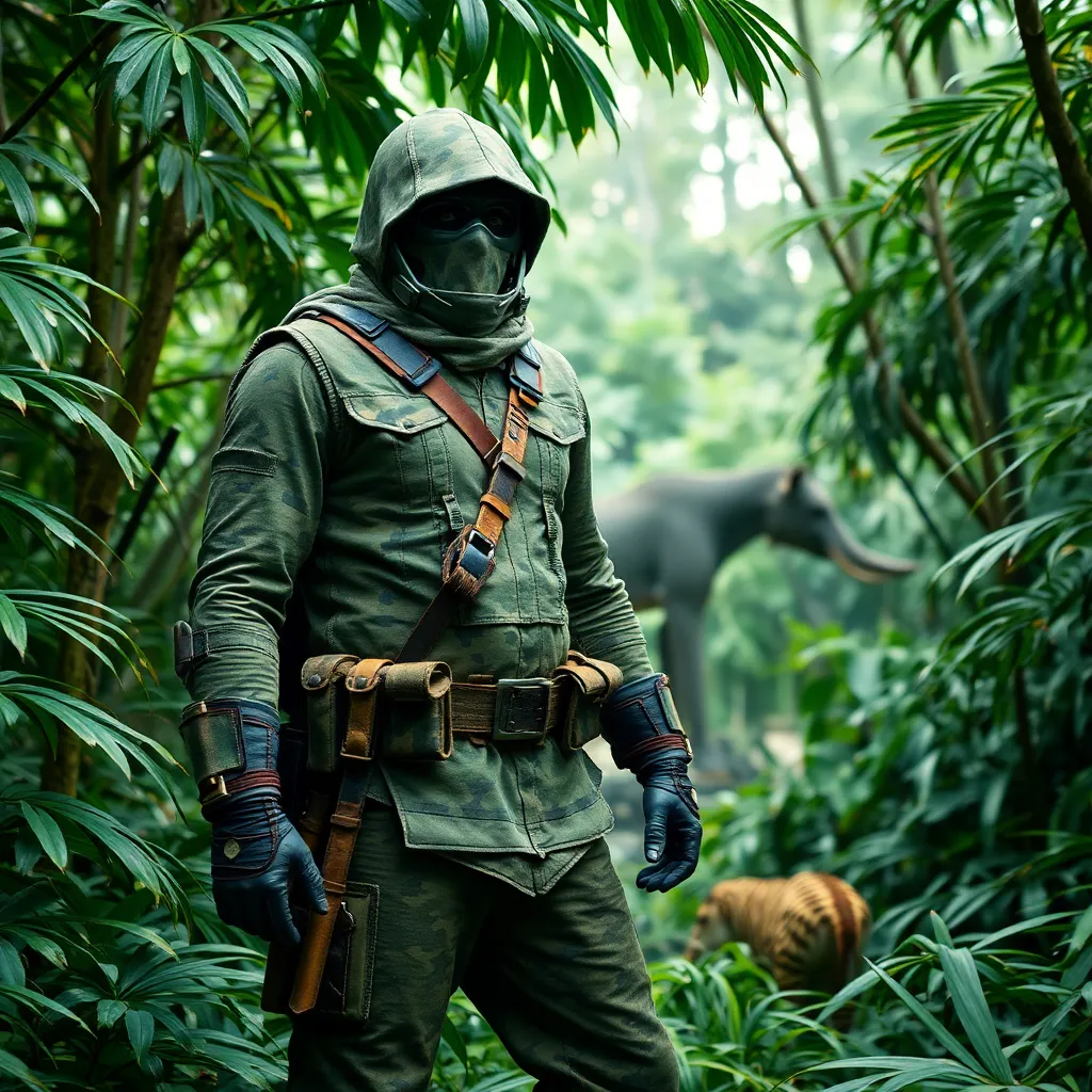 A person in a green cloak and gas mask, standing in a jungle.