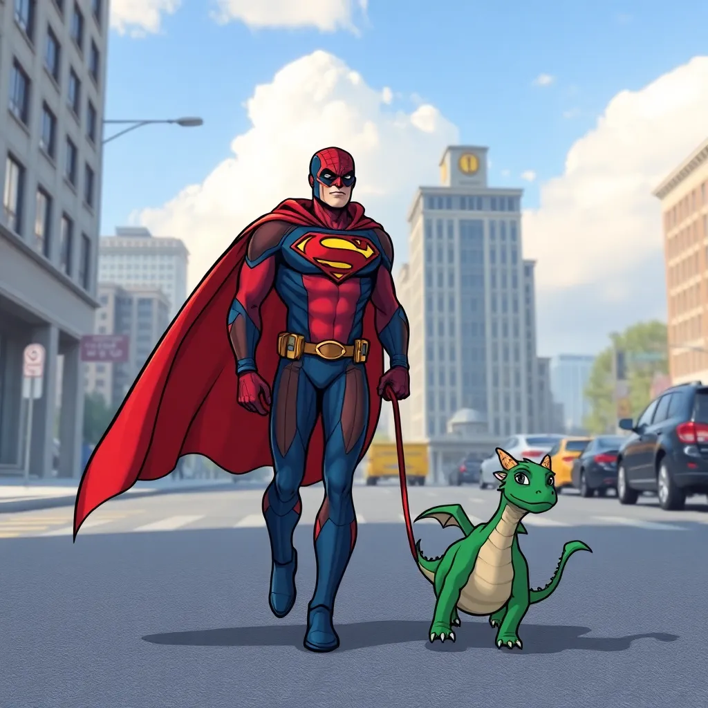 Superman is walking down a city street with a small dragon by his side.