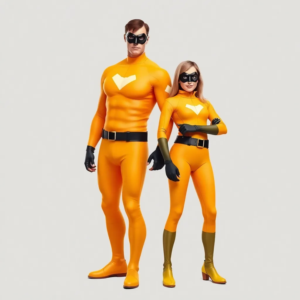 A superhero couple in yellow suits, standing side-by-side.