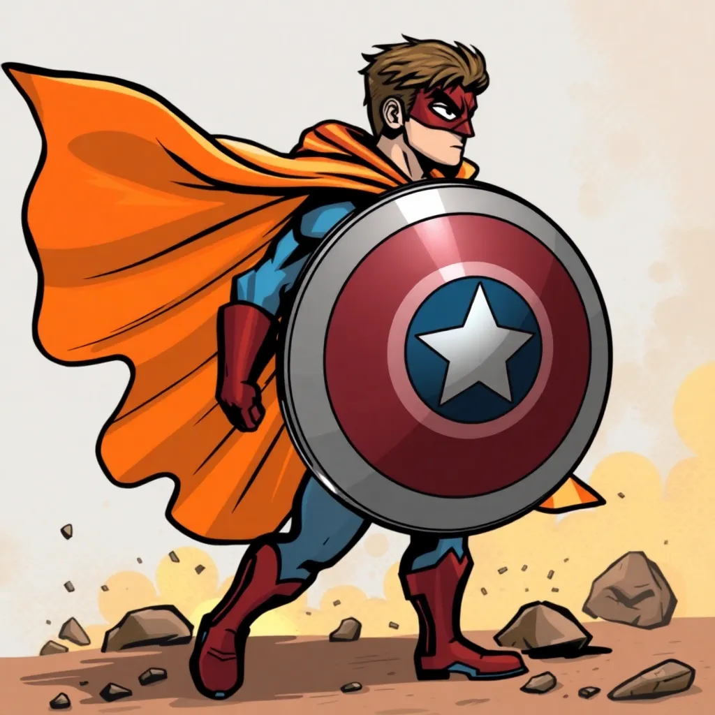 A superhero with a red cape and shield is running through a rocky landscape.