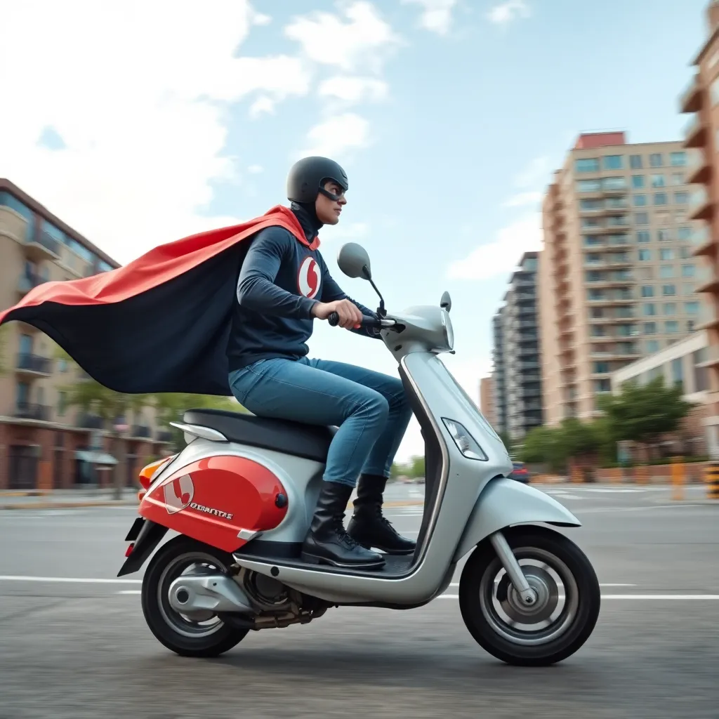 Superman is riding a scooter down a city street.