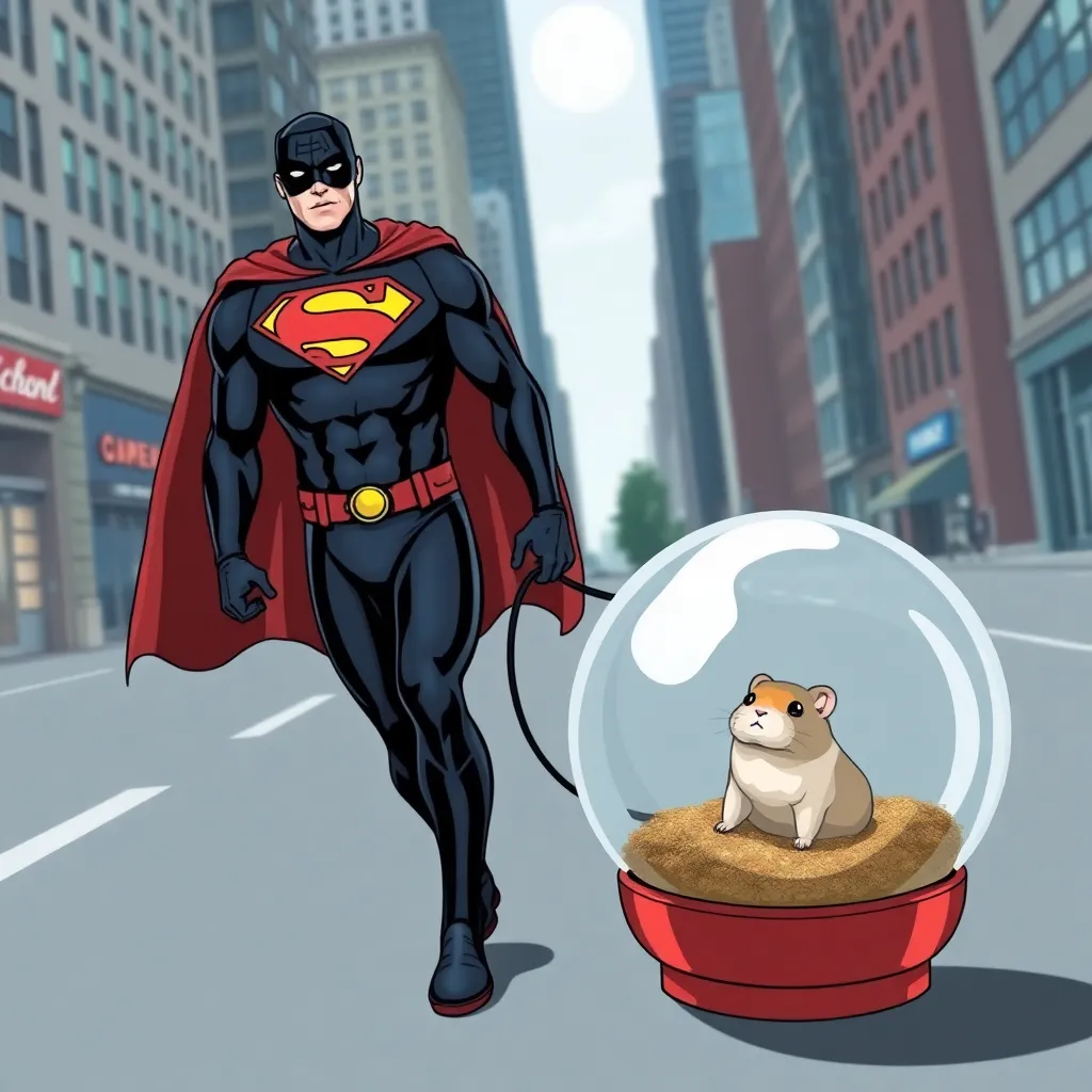 Superman is walking down a city street with a cat in a snow globe.