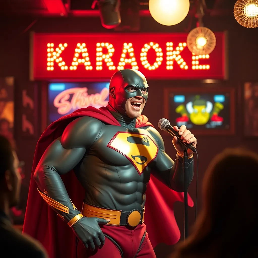 Superman is singing karaoke at a bar.