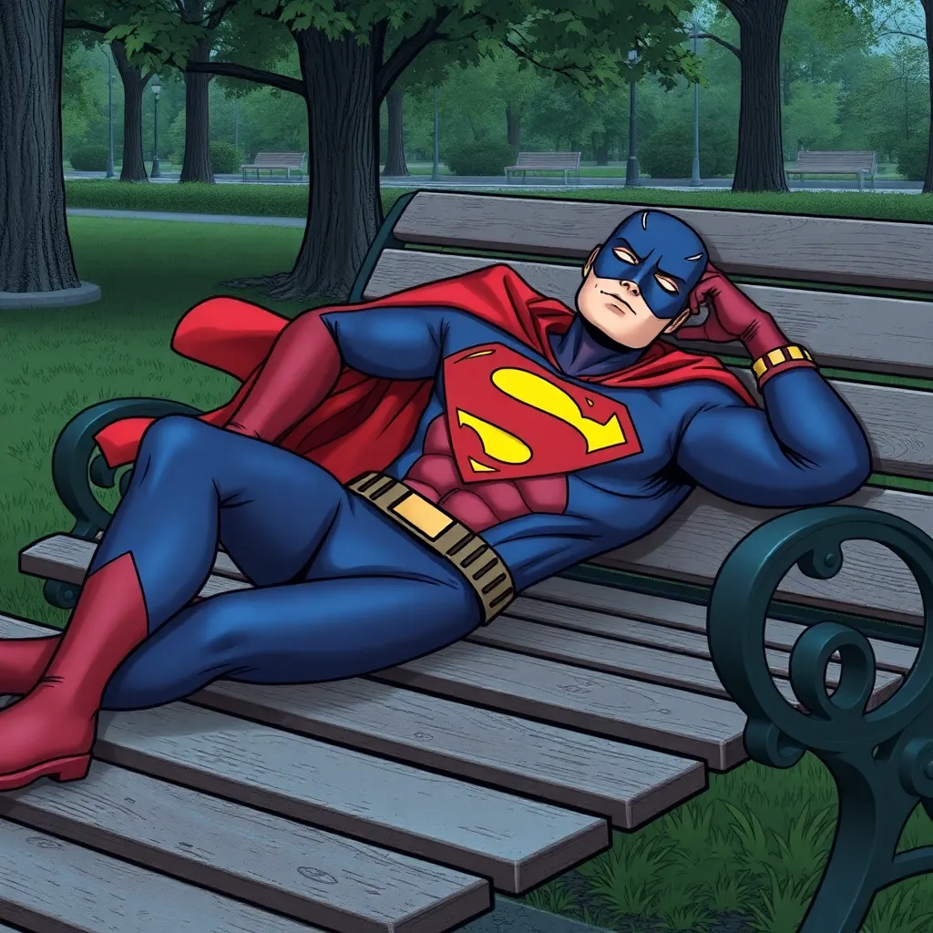 Superman is sitting on a bench in the rain.