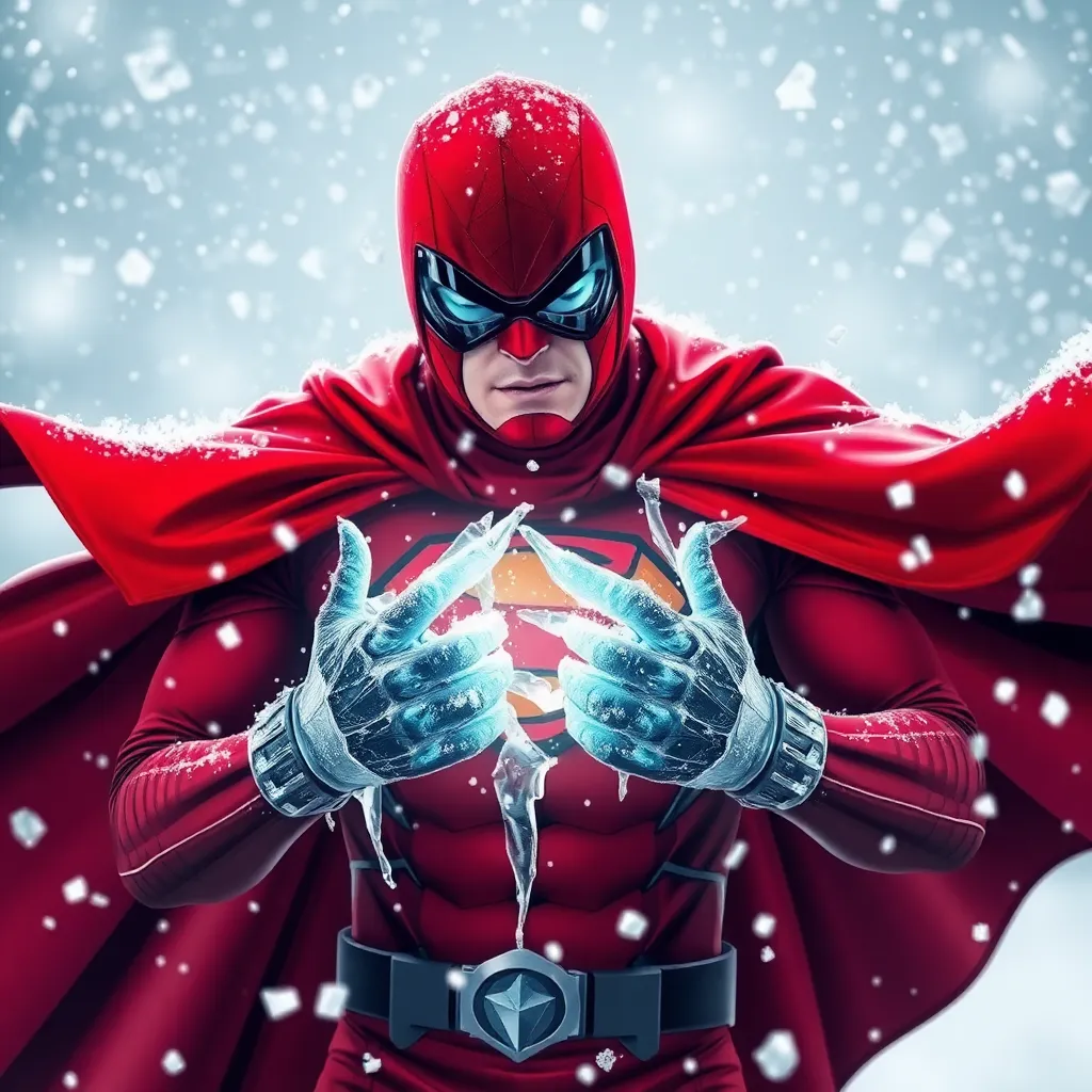 A superhero with a red costume is standing in the snow, holding his hands together.