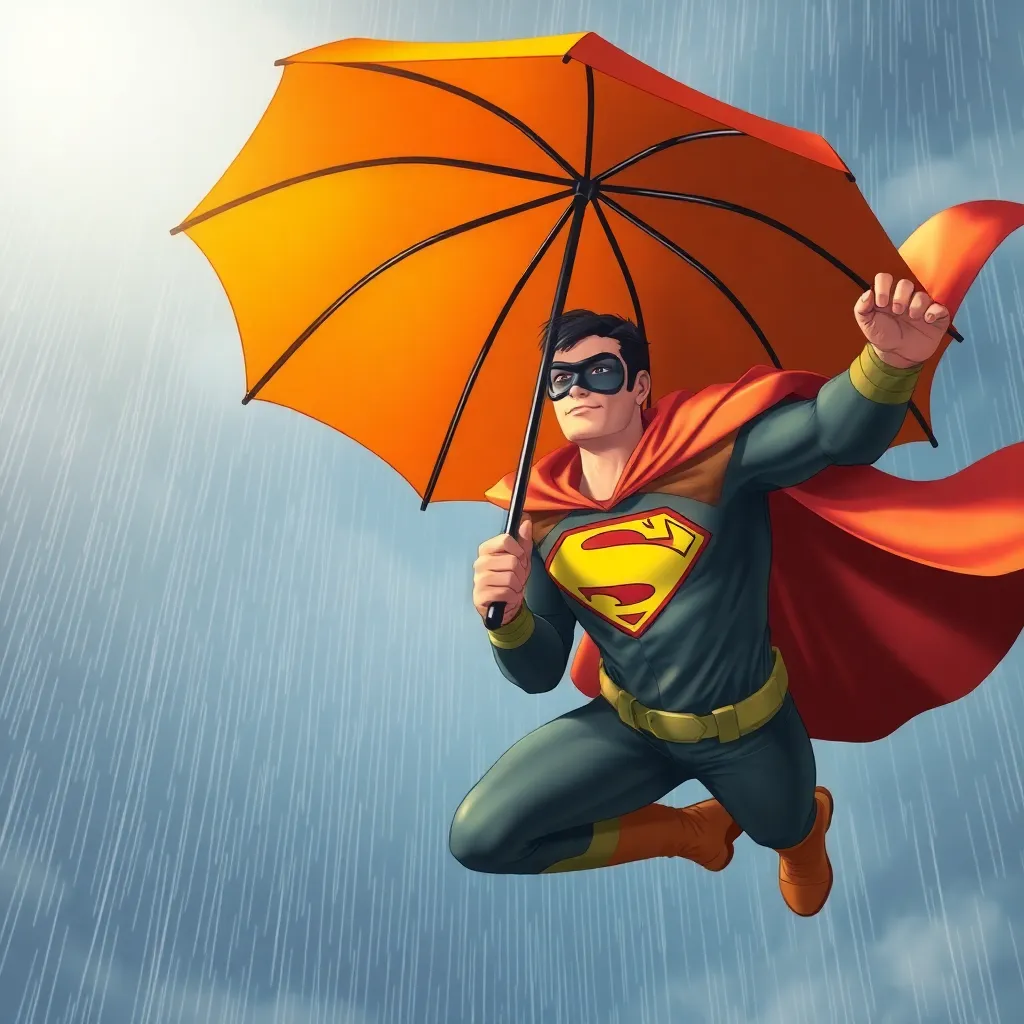 Superman is flying through the air with an umbrella.