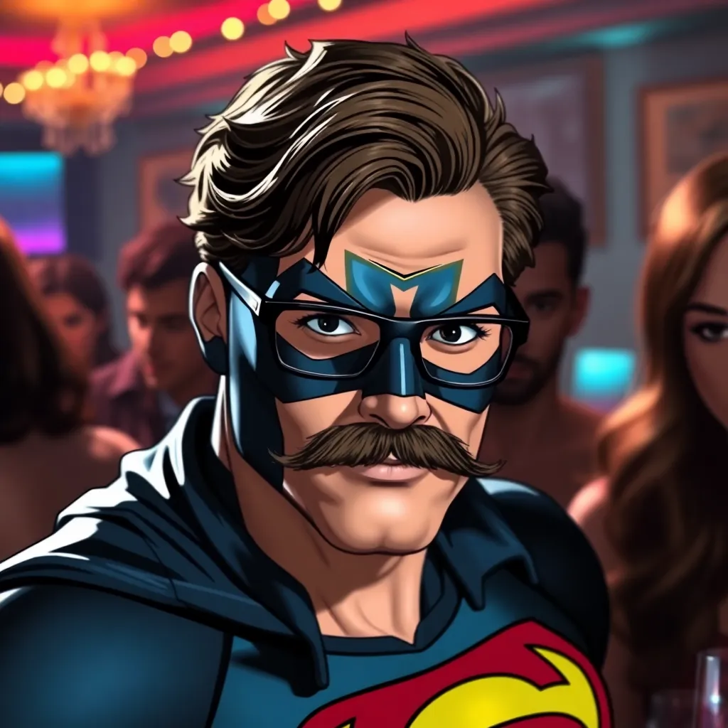 A superhero with a mask and mustache is posing at a nightclub.