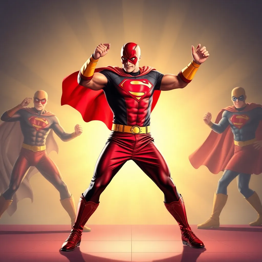 A superhero with a red cape is striking a heroic pose.