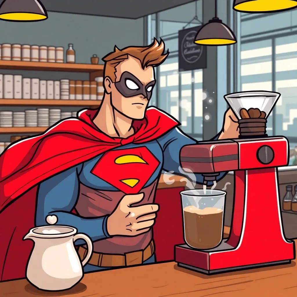 Superman is making coffee.