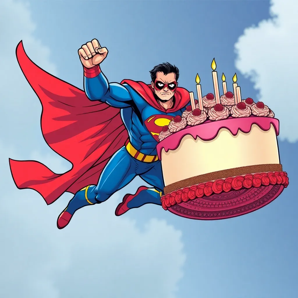 Superman is flying through the air with a large cake.