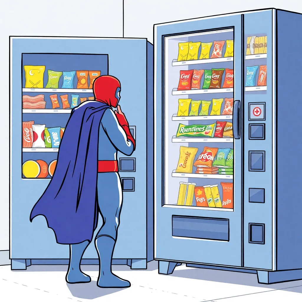 Superman is looking at a vending machine.