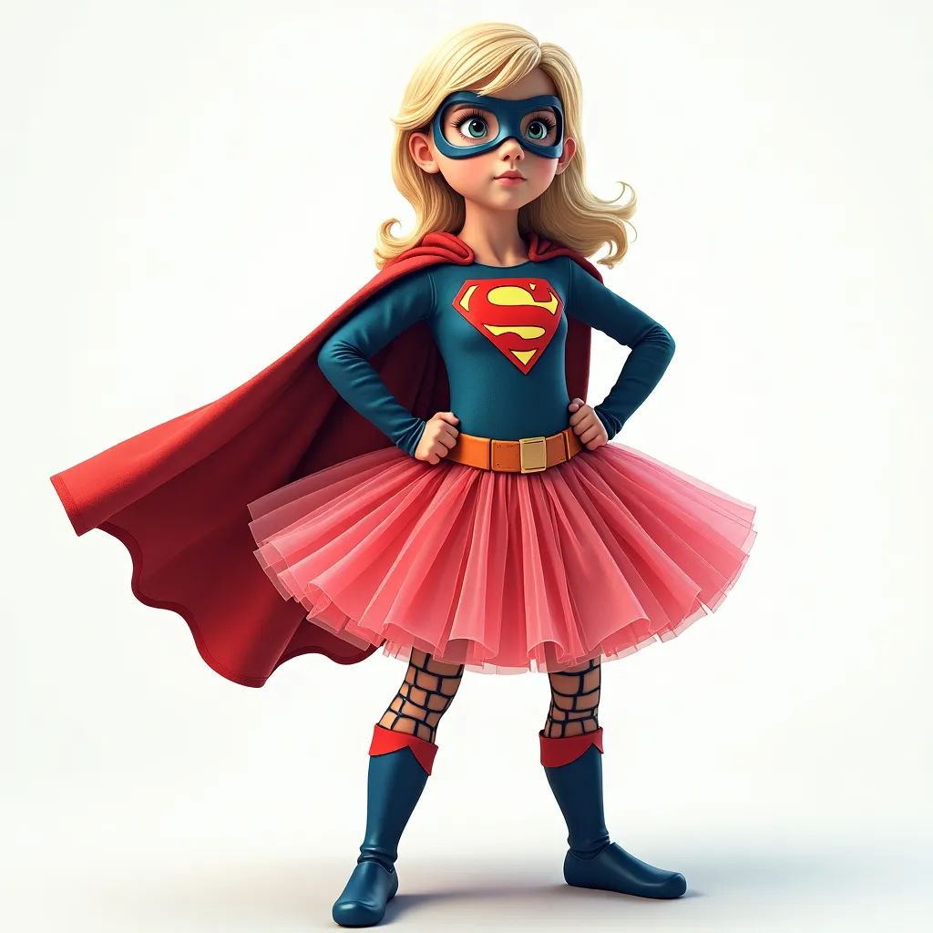 A young girl superhero with a pink tutu and cape, striking a confident pose.