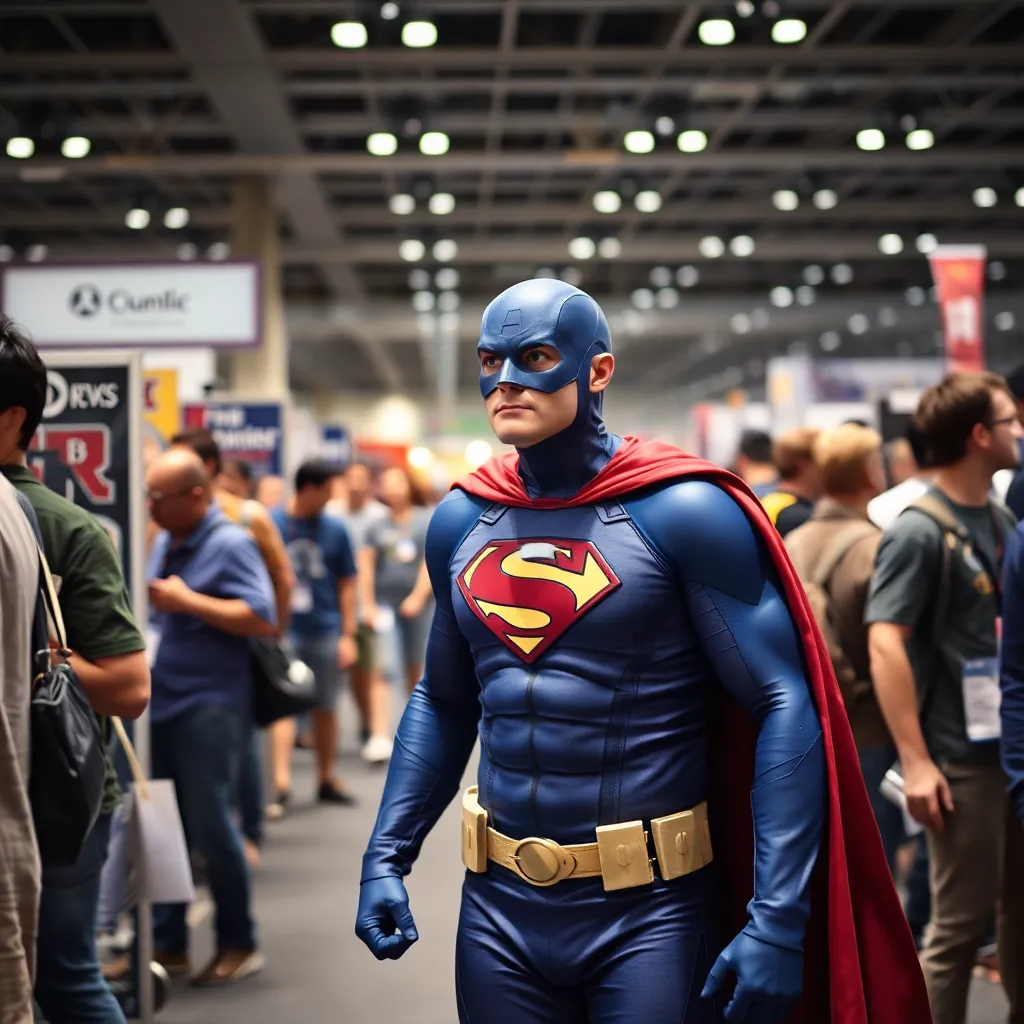 Superman is walking through a crowded convention hall.