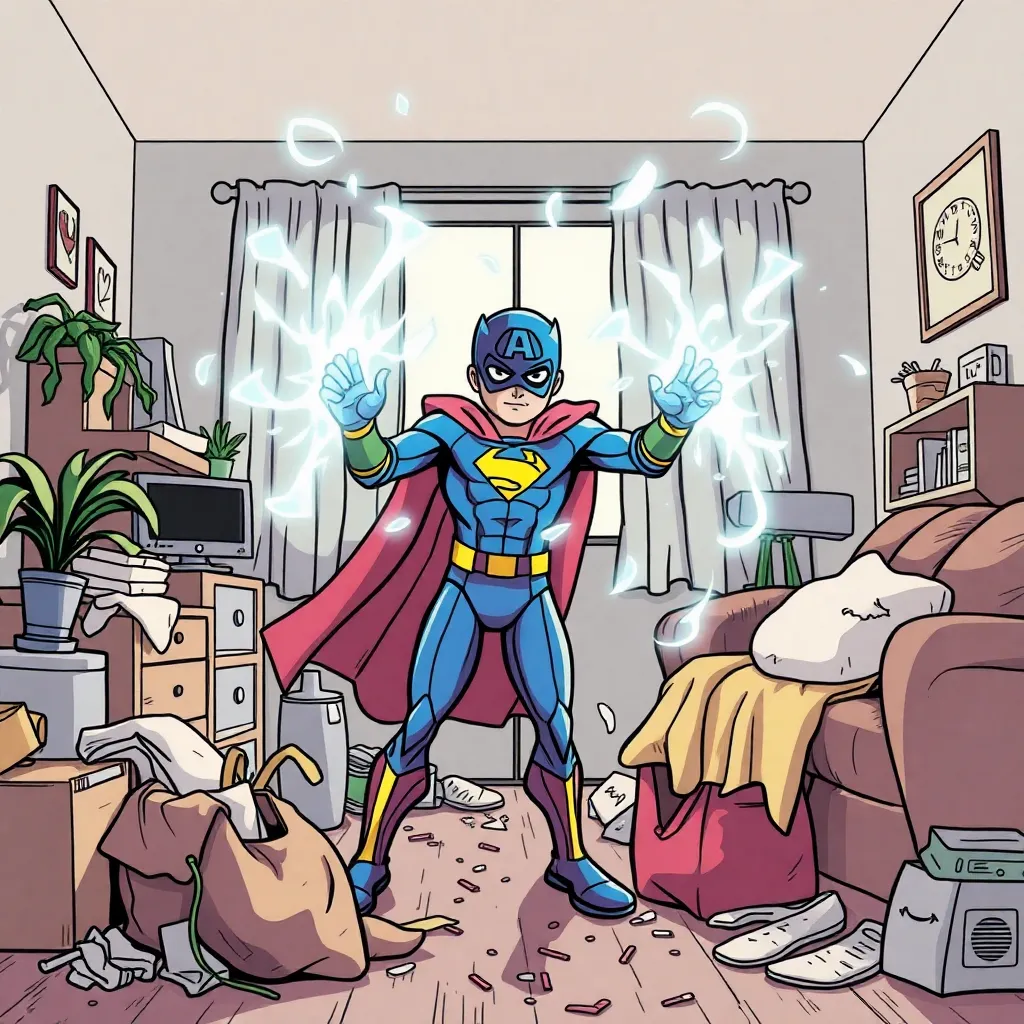 Superman is flying through a living room, causing chaos.