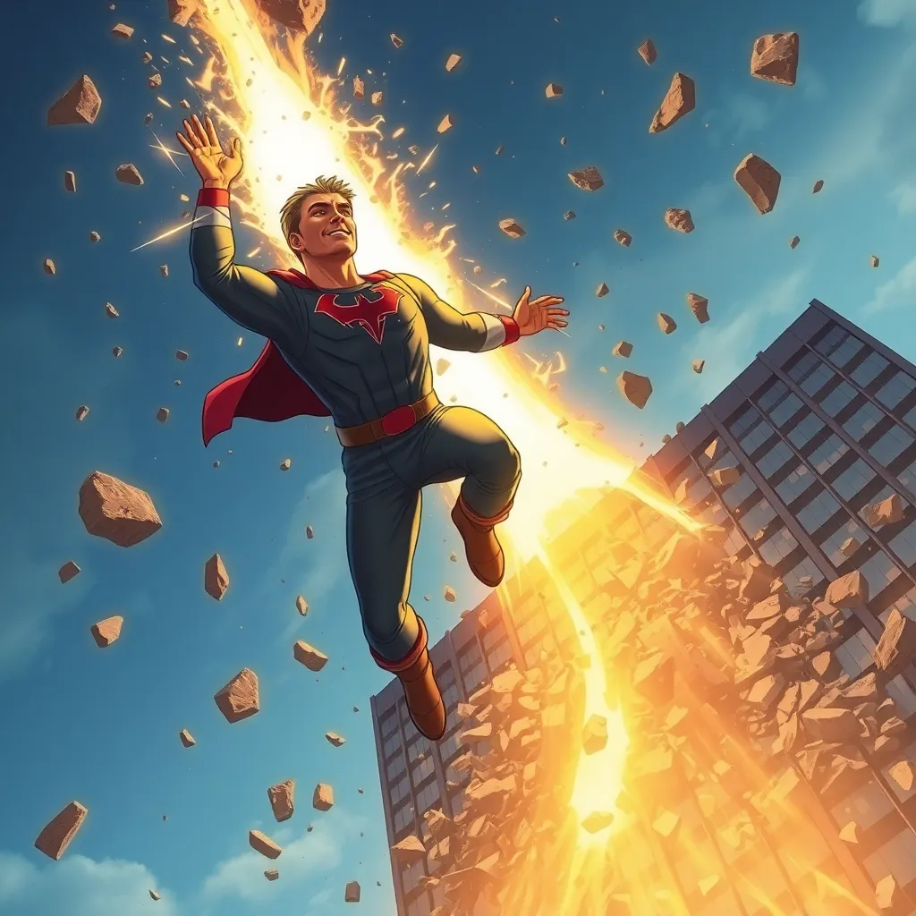 A superhero flying through the air, with debris and fire in the background.