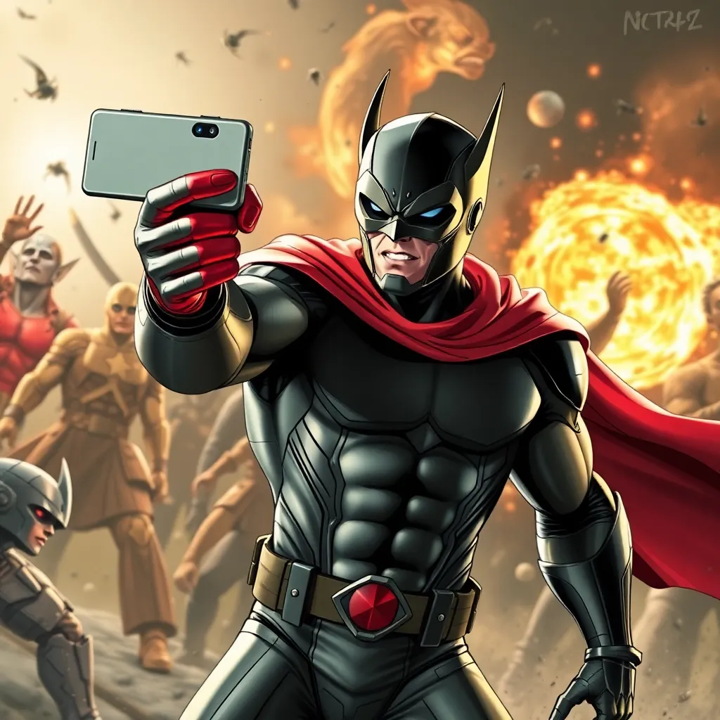 A superhero with a black mask and red cape is taking a selfie.