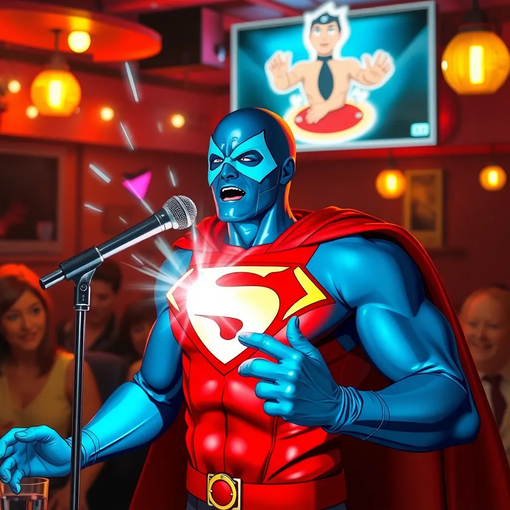 Superman is singing karaoke at a bar.