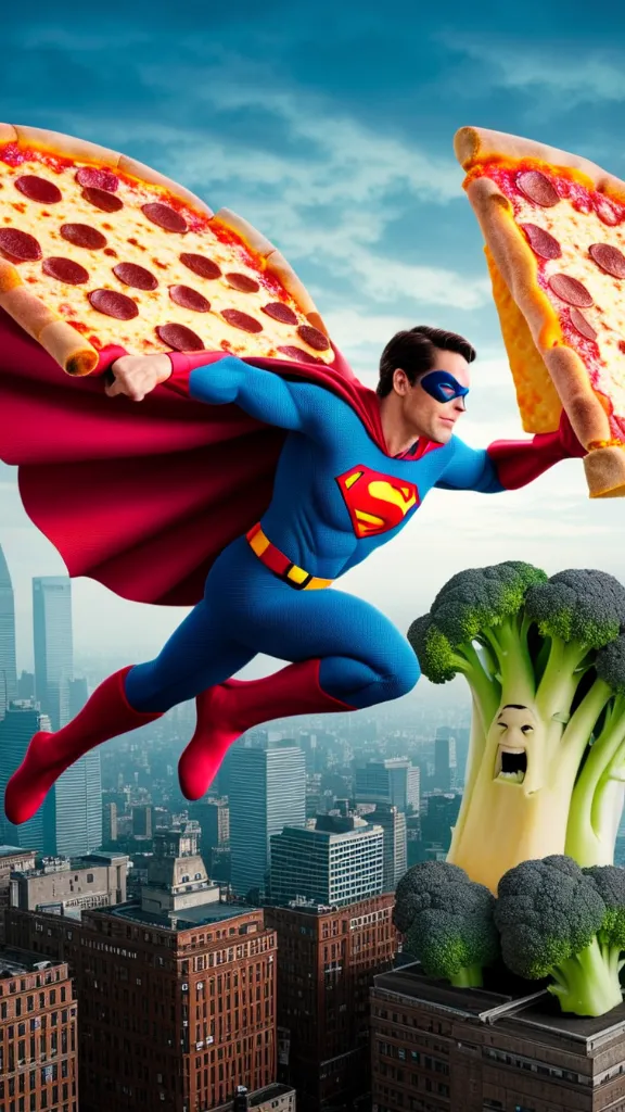 A humorous image of Superman flying through the air, using two large slices of pizza as wings. In front of him, a broccoli looks startled.