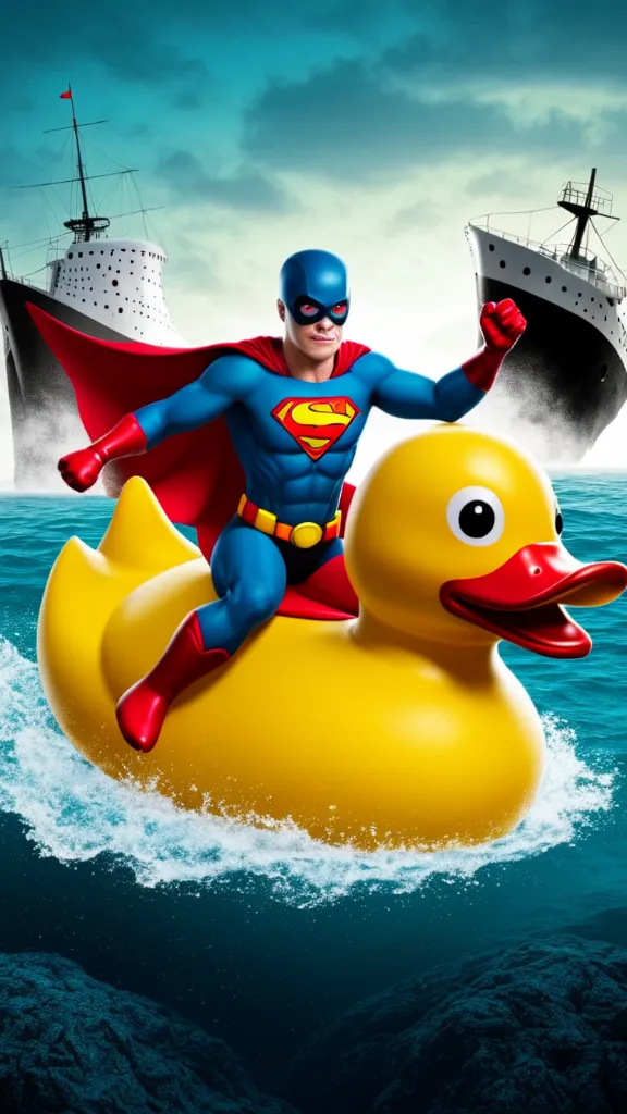 Superman riding a giant yellow rubber duck on a stormy sea, with large ships in the background.