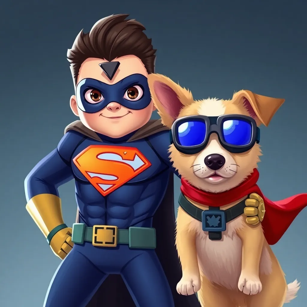 A young boy dressed as a superhero, standing next to a dog wearing sunglasses.