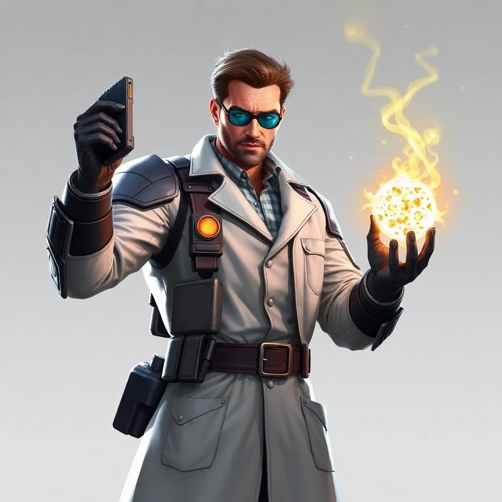 A man in a white lab coat, holding a glowing orb.