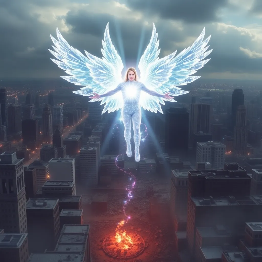 An angelic figure with glowing wings, standing above a city.