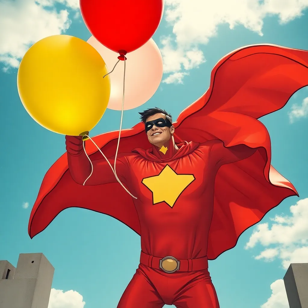 A superhero in a red and yellow costume, flying with balloons.