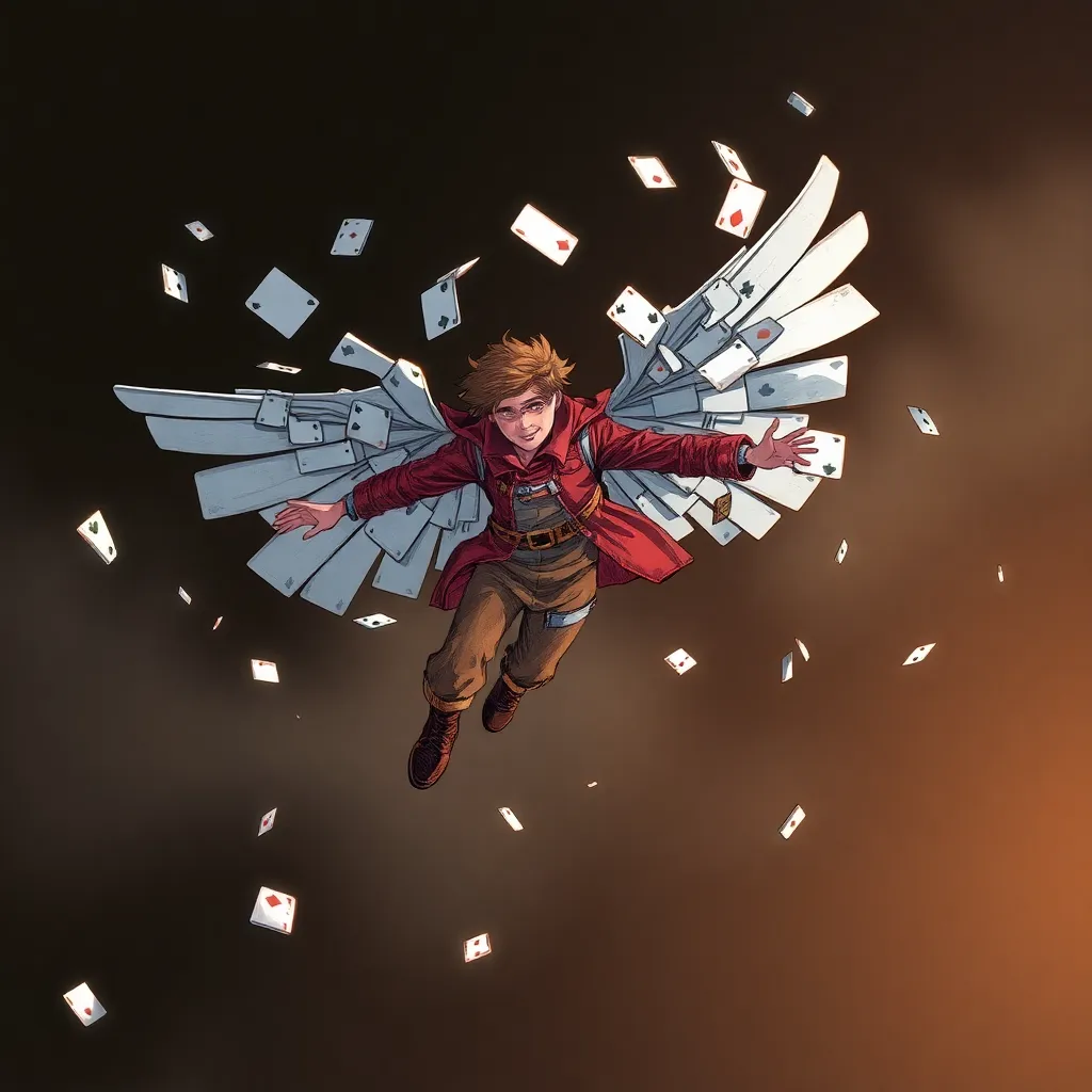 A winged figure flying through the air, with paper flying around them.