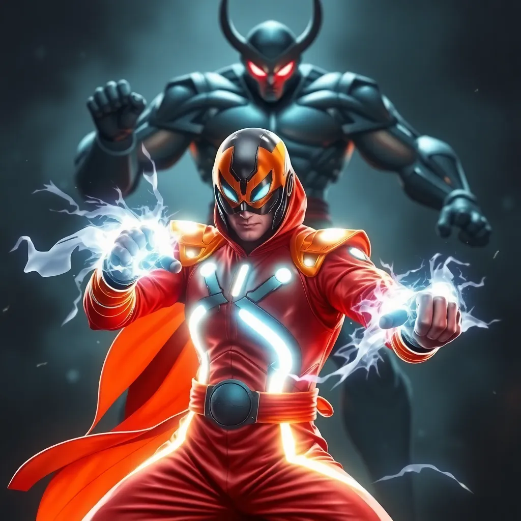 A dark, armored figure fighting a glowing red superhero.