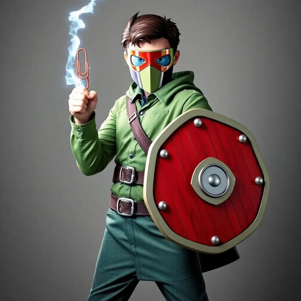 A person in a green outfit holding a shield and a lightning bolt.