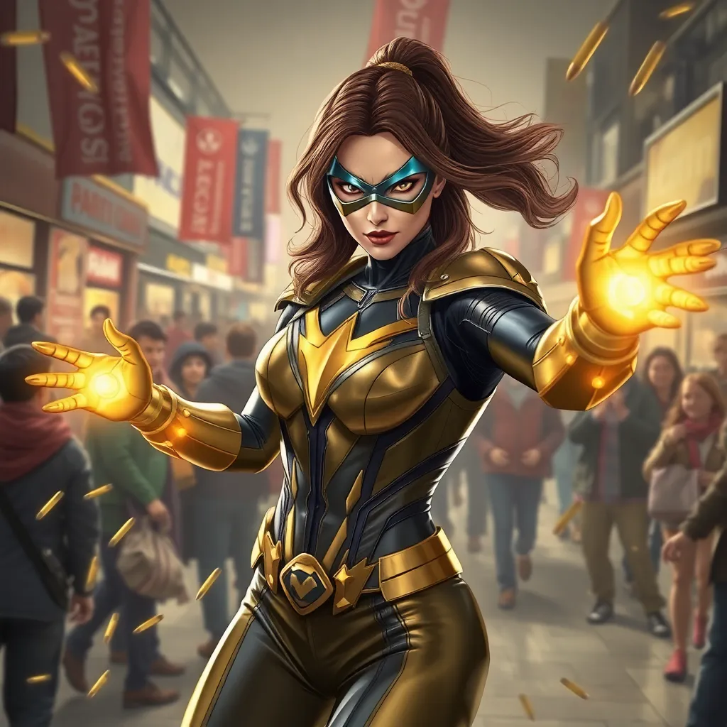 A woman in a yellow suit, with glowing hands, standing in a city street.