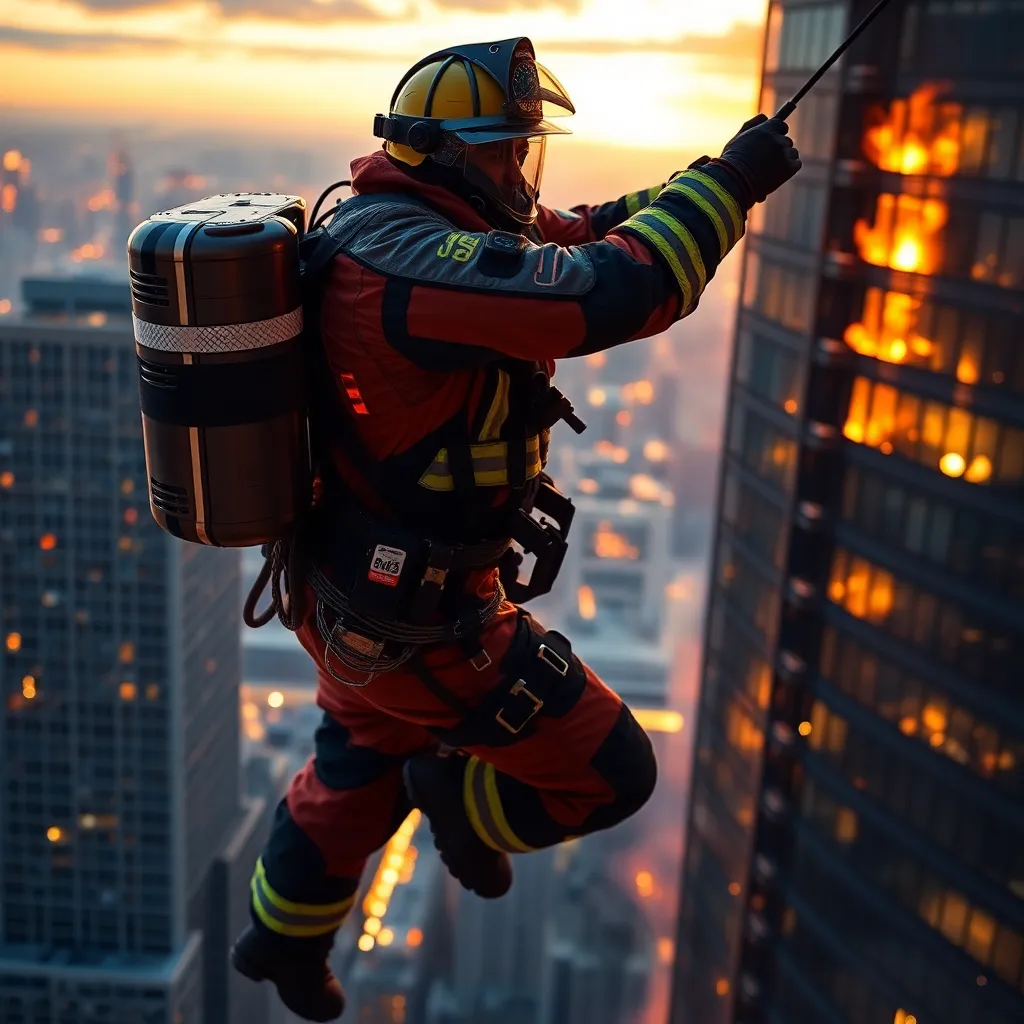 A person in a red and black suit, standing on a rooftop.