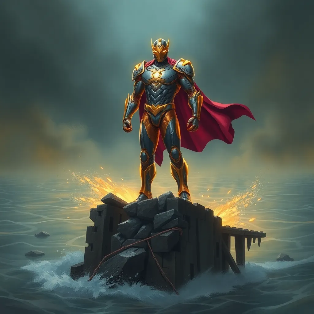 A golden superhero standing on a rock, overlooking a stormy sea.