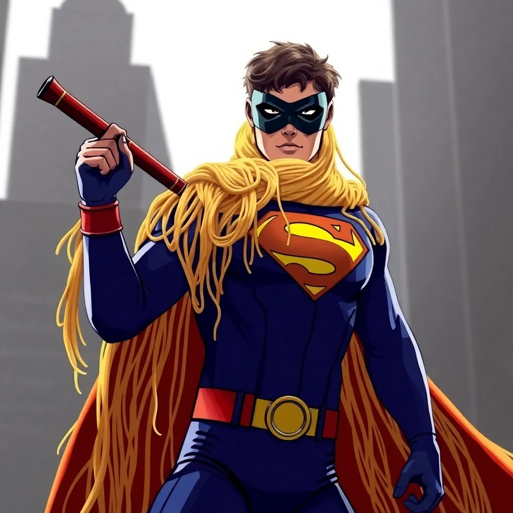 A superhero in a blue and yellow suit, standing on a rooftop.