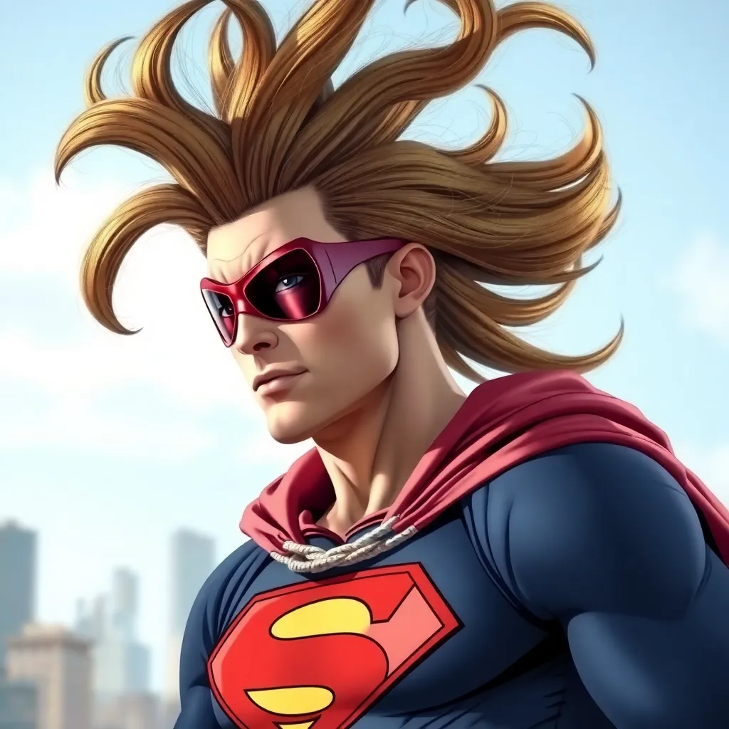 A superhero with spiky blond hair, wearing a red and blue costume.