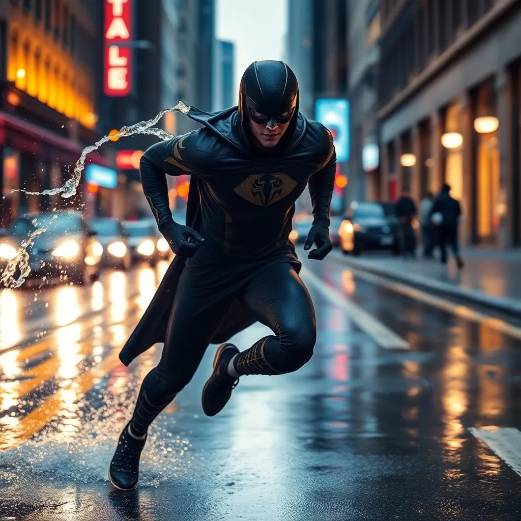 A superhero in a black suit, running through a city street.