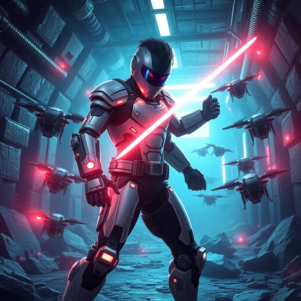 A futuristic warrior, fighting with glowing weapons.