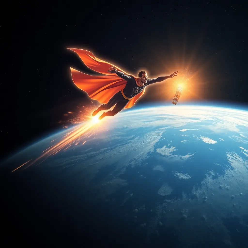 A superhero flying through space, with a planet in the background.