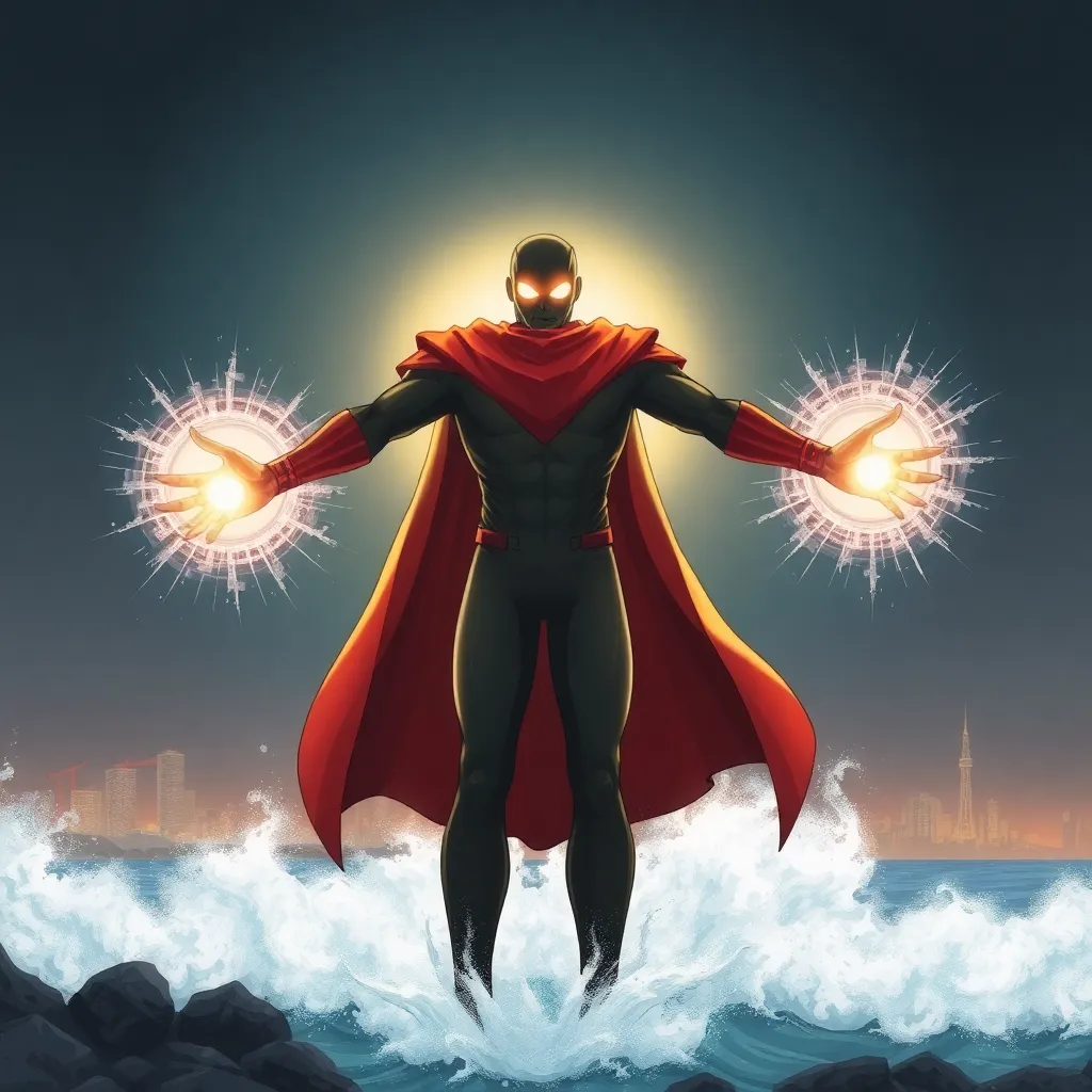 A superhero in a red cape, with glowing hands.