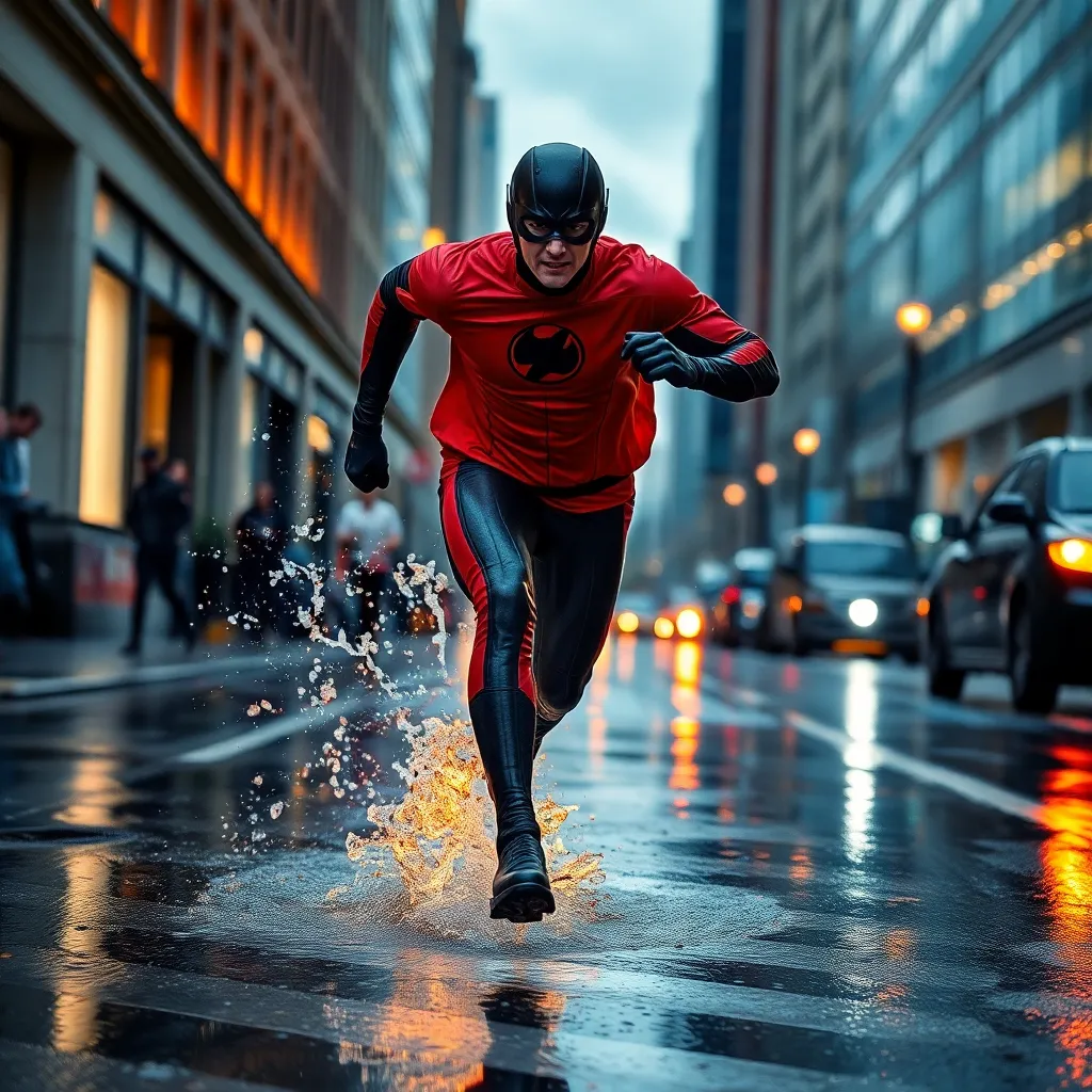 A person running through a rainy city street.