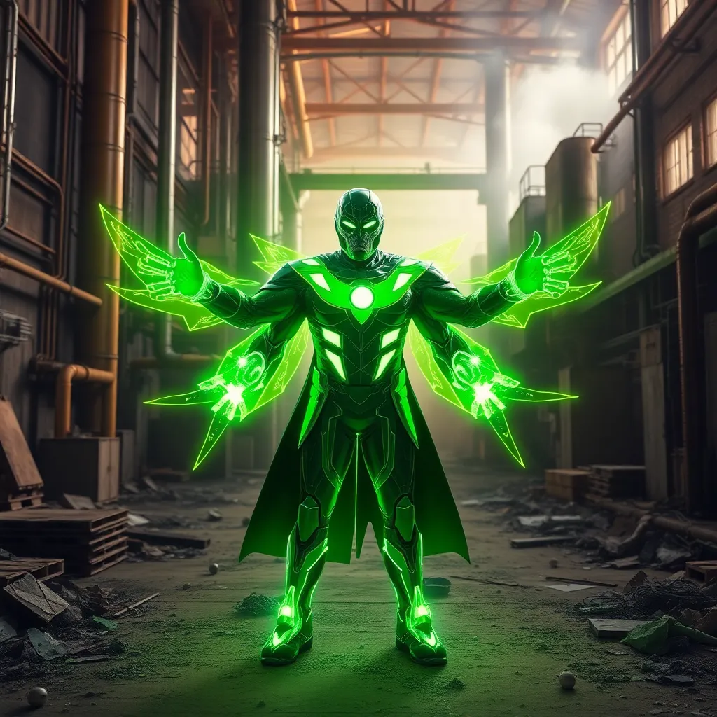 A green, glowing figure with outstretched arms, standing in a ruined city.